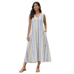 J.Jill Love Linen Striped A-line 100% linen Midi Dress Sleeveless XL EUC Boho